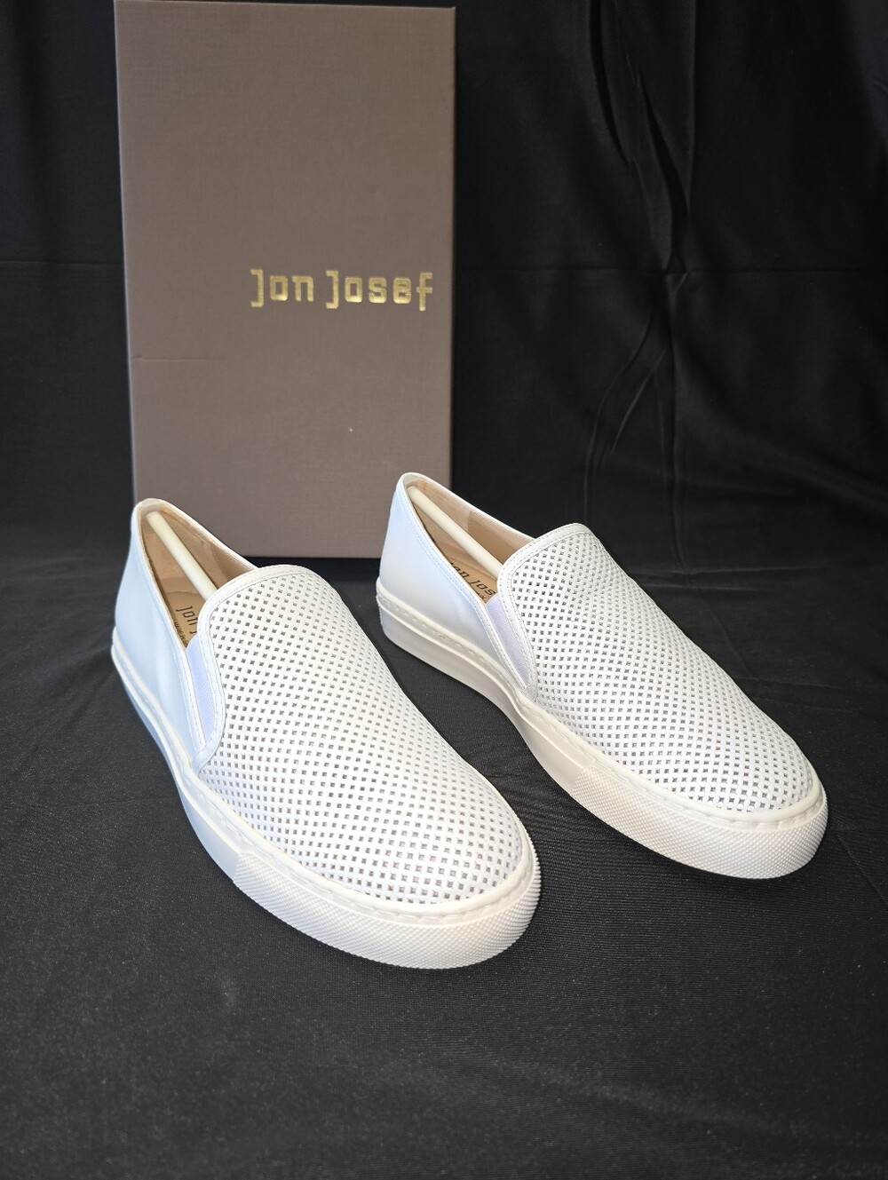 Womens Jon Josef White Leather Perforated Slip-On Loafers